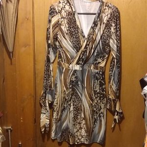 SEXY WRAP FRONT Long Sleeve w Tie Cuffs MAILLE DeMOISELLE ARTSY PRINT S DRESS